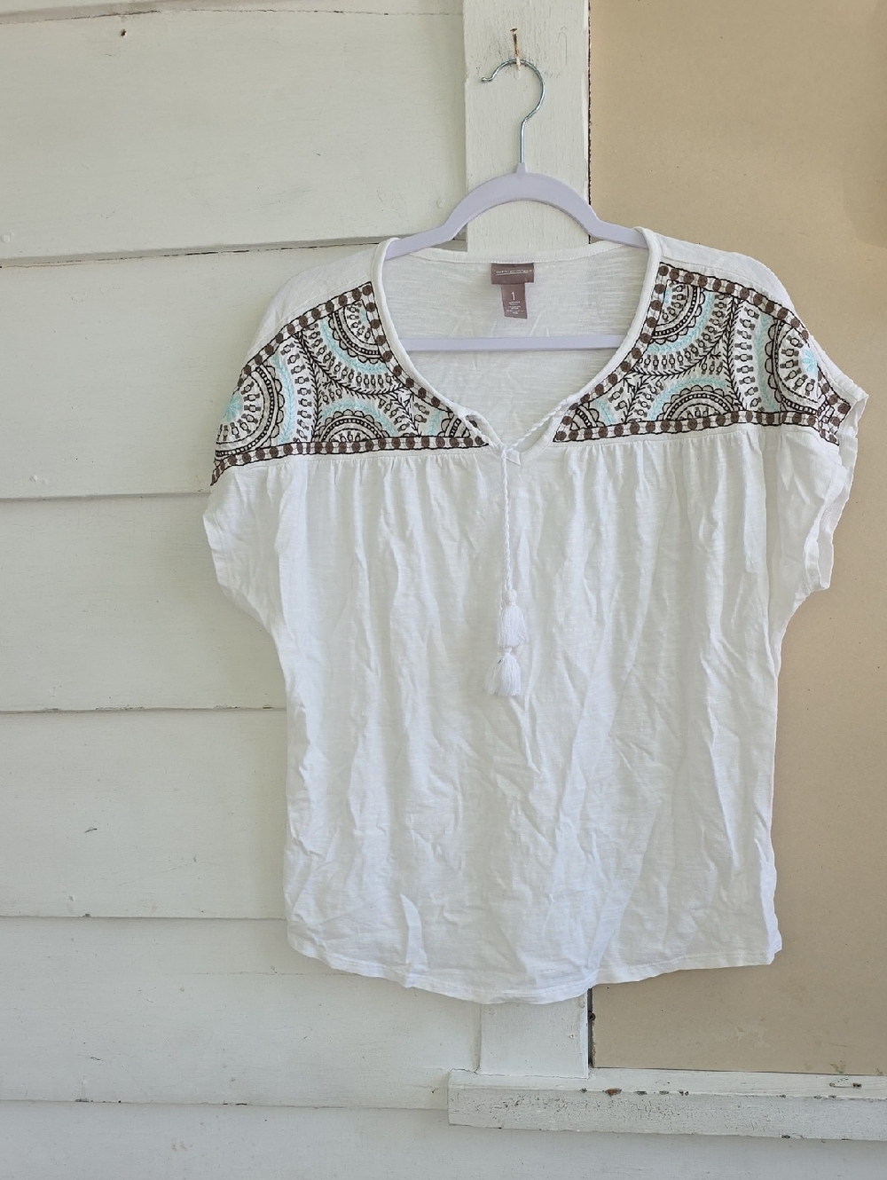 White Embroidered Tassel V-Neck Women's Top